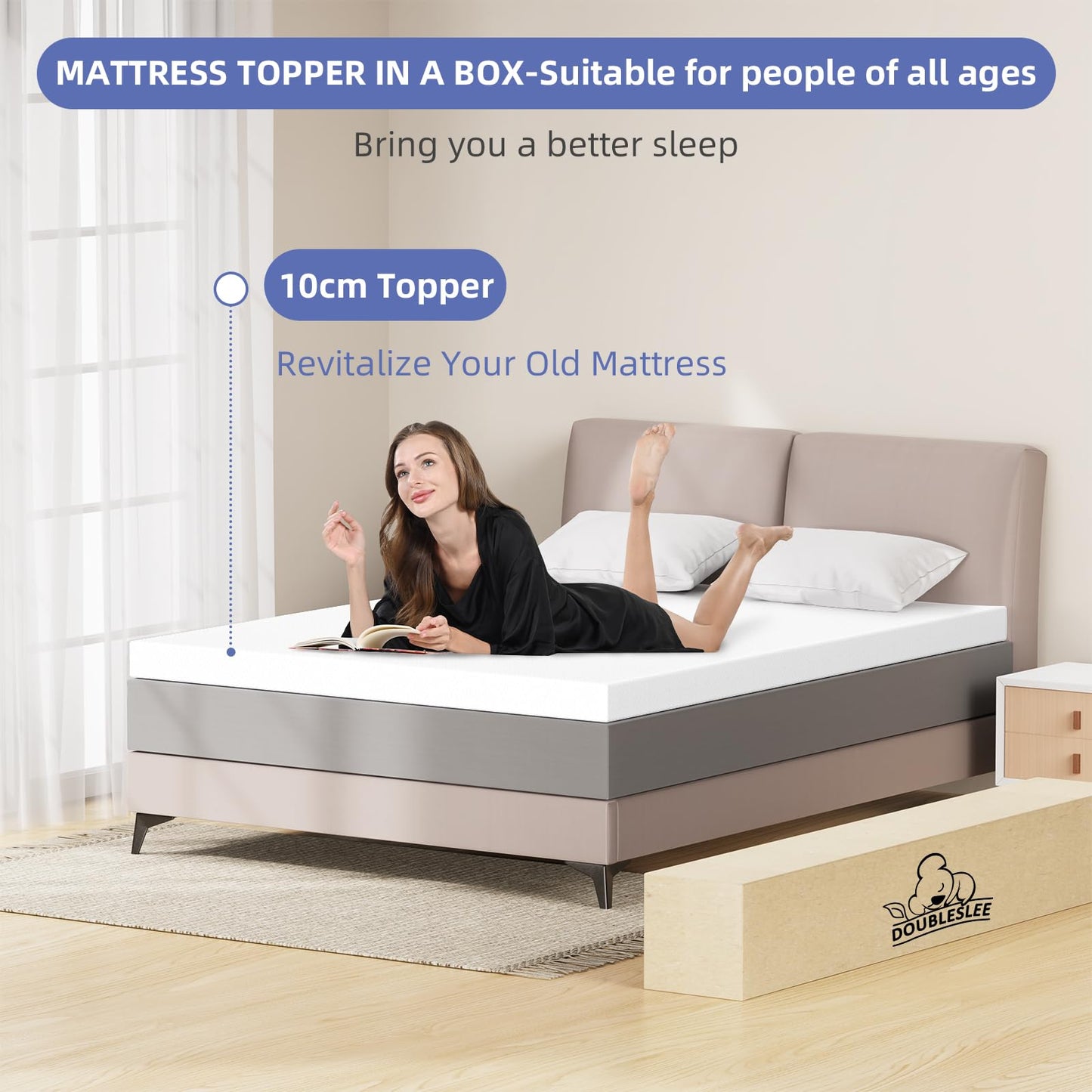 Doubleslee 4 Inch Memory Foam Mattress Topper Double Bed, Gel-Infused Cooling Orthopedic Double Mattress Topper for Back Pain Relief, Washable Cover With Elastic Straps 135x190x10cm