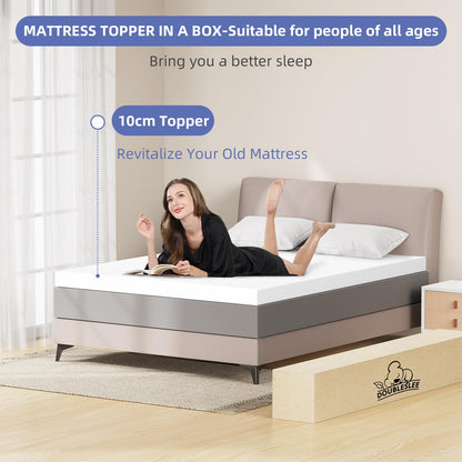 Doubleslee 4 Inch Memory Foam Mattress Topper Double Bed, Gel-Infused Cooling Orthopedic Double Mattress Topper for Back Pain Relief, Washable Cover With Elastic Straps 135x190x10cm