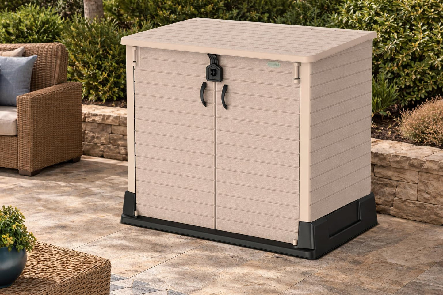 Duramax Cedargrain StoreAway 850L Plastic Garden Storage Shed - Outdoor Storage Shed, Wheelie bin box, Durable Construction, Ideal for Tools, BBQs & 2x 120L Garbage Bins, 130x74x110 cm, Warm Taupe
