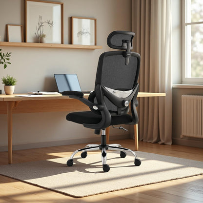 TONFARY Ergonomic Office Chair - High Back Mesh Design with Adjustable Lumbar Support, Flip-Up Armrests, Removable Headrest & 360° Swivel - Space-Saving for Home, Work, or Gaming - Black