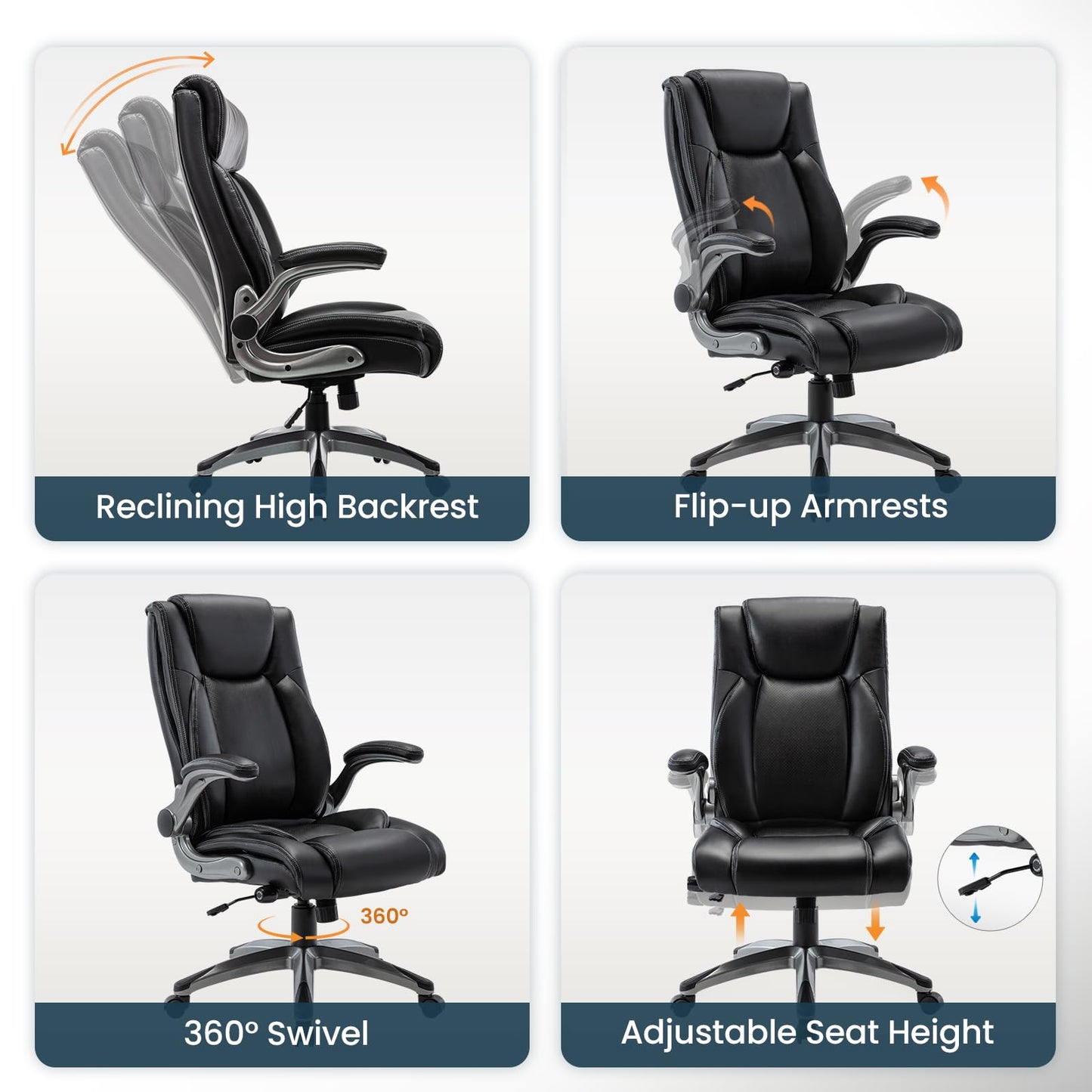 Ergonomic Executive Office Chair with Adjustable Lumbar Support, Flip-up Armrests, Double Padded Seat & Tilt Function – High Back Swivel Desk Chair for Home Office & Gaming,Black