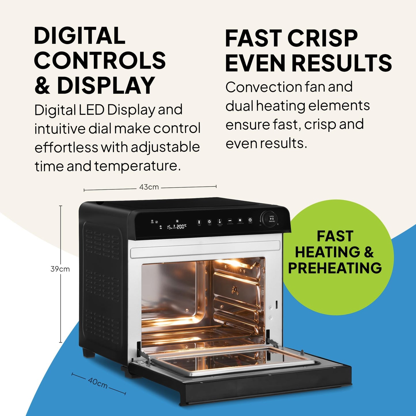 Fridja Super Oven Compact Digital Air Fryer Oven, Intelligent Presets, Powerful Convection Fan, Easy to Clean, Fast and Versatile, Stainless Steel Interior, Easier Cooking