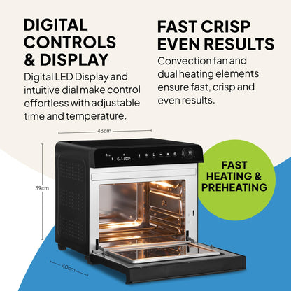 Fridja Super Oven Compact Digital Air Fryer Oven, Intelligent Presets, Powerful Convection Fan, Easy to Clean, Fast and Versatile, Stainless Steel Interior, Easier Cooking