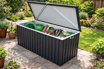 Duramax DH 1.7 Metal Cushion Box (770 L) with Hydraulic Gas Cylinder & Padlock Eye, Garden Furniture Storage, Outdoor Storage Container, Weather-Resistant Furniture Patio Deck Box, Anthracite
