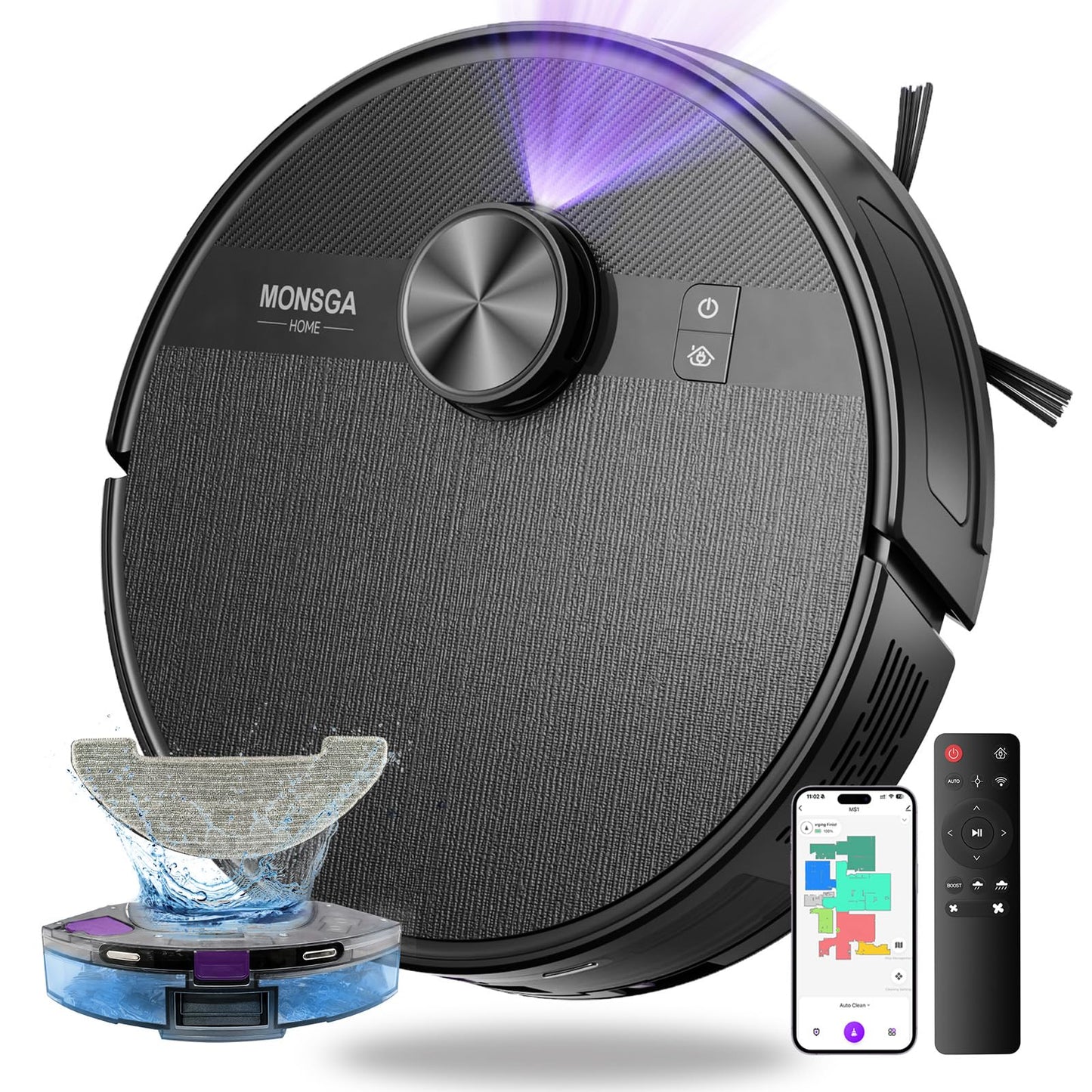 MONSGA MS1 Robot Vacuum Cleaner with Mop, 7000Pa Robotic Vacuum with Lidar Navigation, 180mins Runtime, 5 Editable Maps, APP/Remote/Voice Control, Ideal for Hard Floors and Carpets