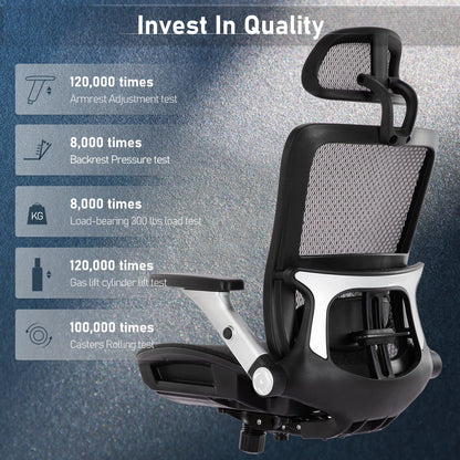 COLAMY Ergonomic Mesh Office Chair with Footrest - High Back Computer Desk Chair with Headrest, 4D Flip-up Armrests, Adjustable Tilt Lock, and Lumbar Support for Ultimate Comfort, Black