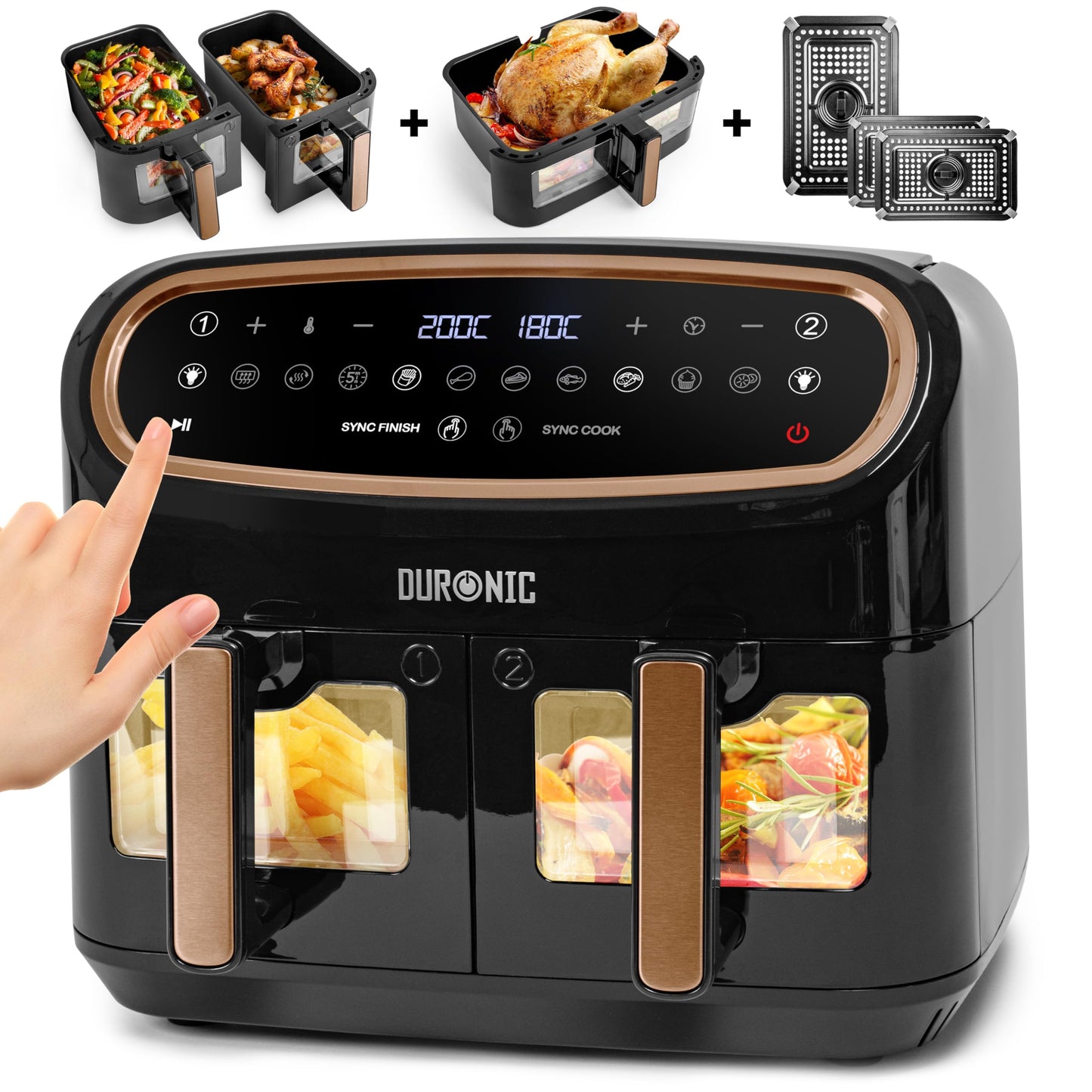 Duronic XXL Air Fryer AF34 BG 10L Digital Family Size Air Fryers Oil Free Triple Drawers 10in1 Dual Zone Extra Large AirFryer for Family Cooking with Dishwasher Safe Non-Stick Baskets Black