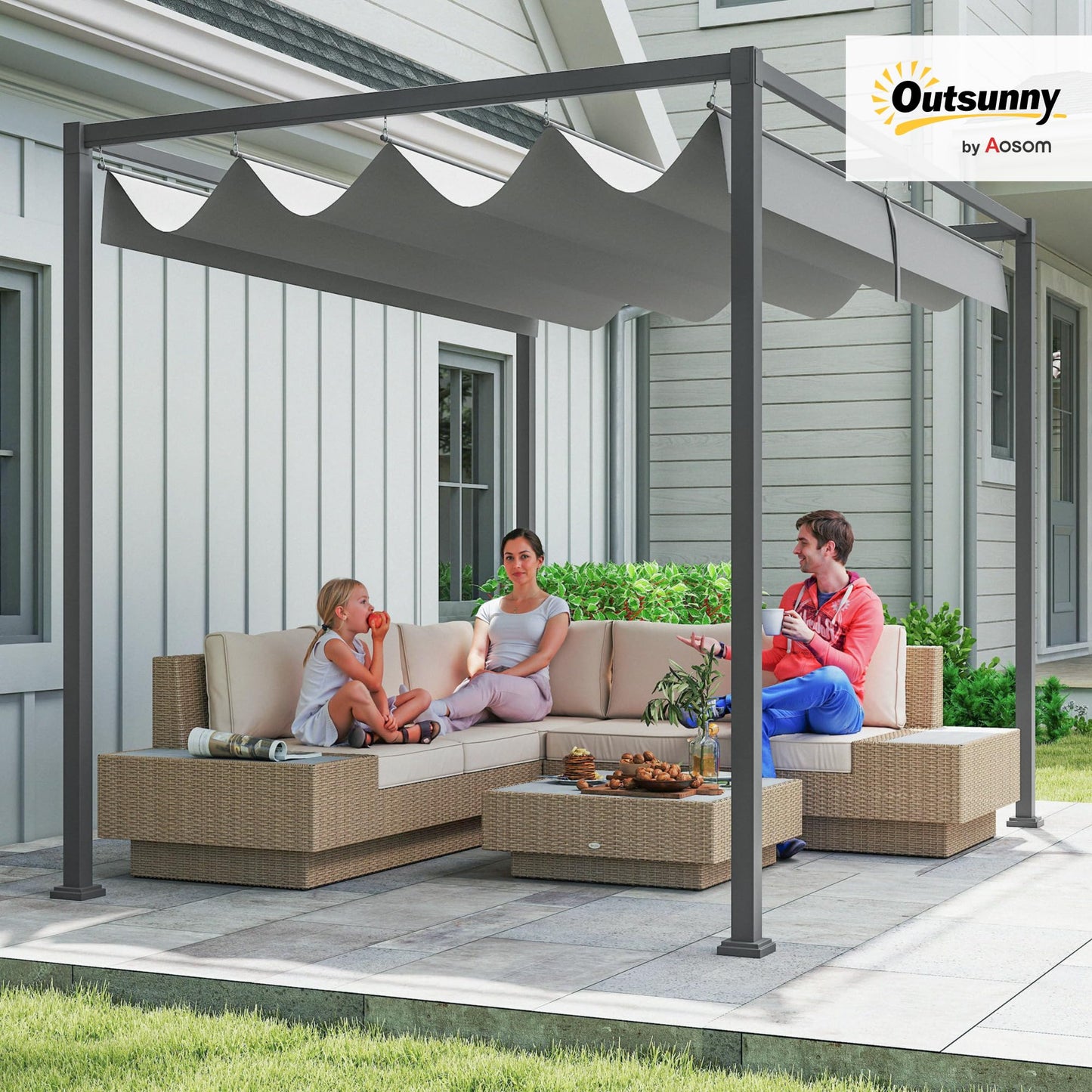 Outsunny 3 x 2m Metal Outdoor Pergola with Retractable Roof, Outdoor Gazebo Canopy Shelter with Drainage Holes for Garden, Patio, Lawn, Grey