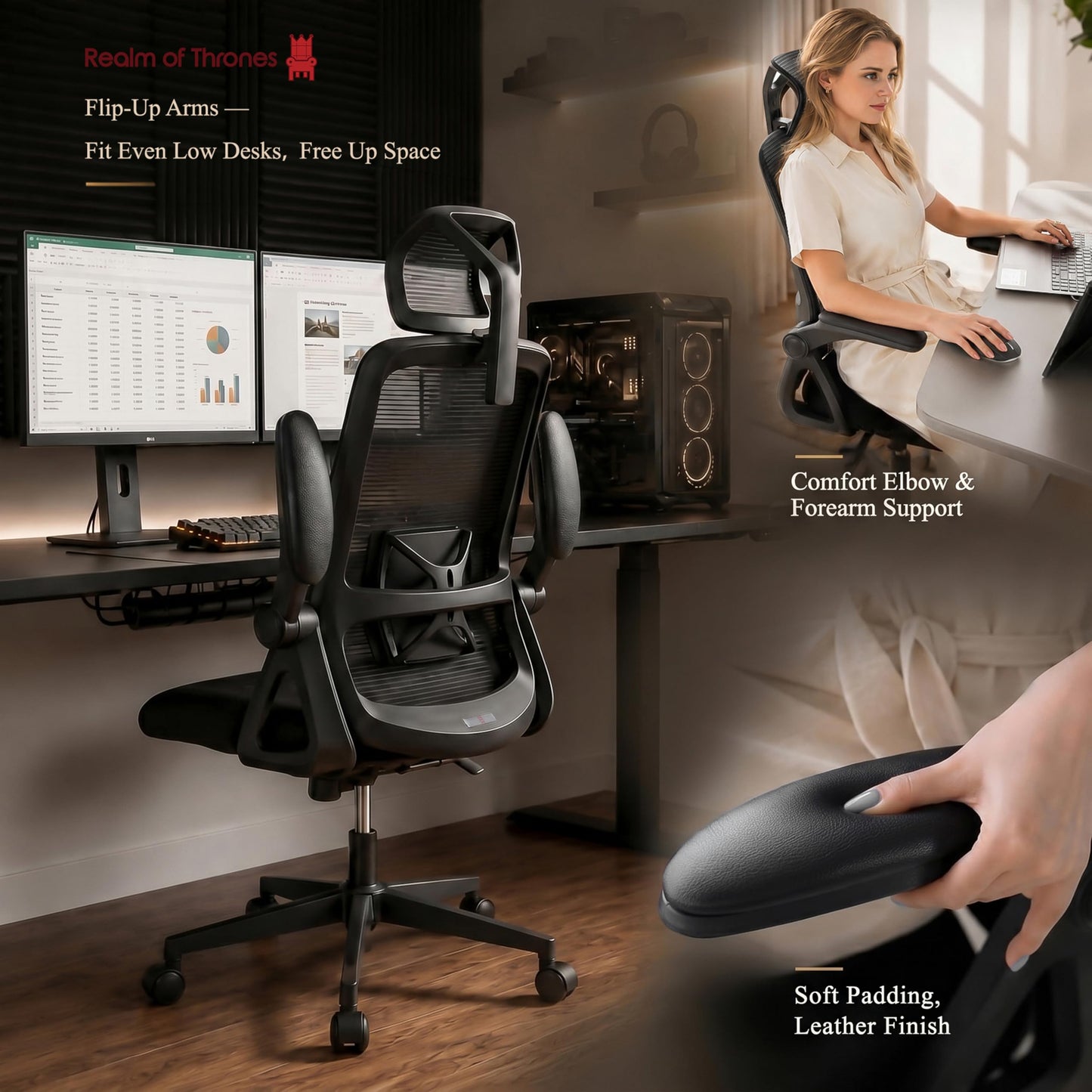 Realm of Thrones CAPTAIN Ergonomic Office Chair for Back Support, Long Hours & Small Home Offices, Mesh Desk Chair with 10cm Contoured Seat, Flip-Up Arms, Adjustable Lumbar & Headrest, 5-Year Warranty