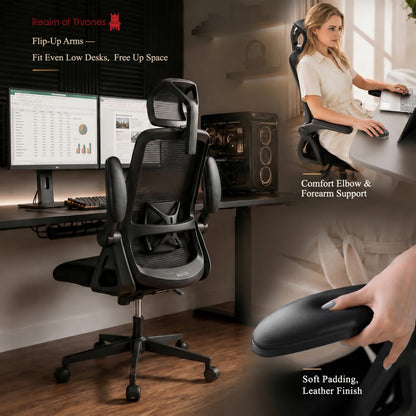 Realm of Thrones CAPTAIN Ergonomic Office Chair for Back Support, Long Hours & Small Home Offices, Mesh Desk Chair with 10cm Contoured Seat, Flip-Up Arms, Adjustable Lumbar & Headrest, 5-Year Warranty