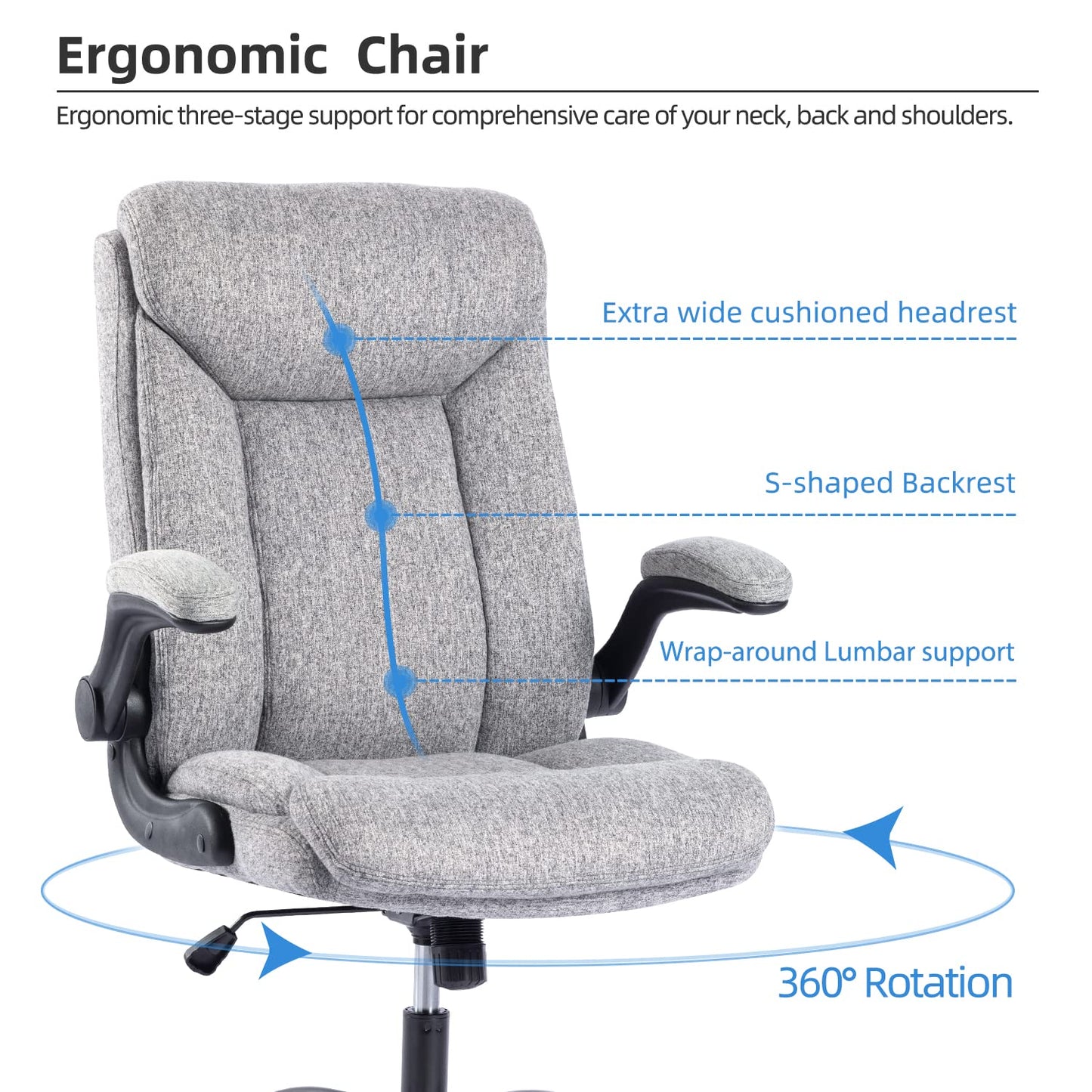 MZLEE Fabric Office Chair for Home Office, Ergonomic Heavy Duty Desk Chair with Flip-up Arms & Lumbar Support, Comfortable Padded Swivel Computer Chair for Bedroom Study, 150KG Capacity, Grey