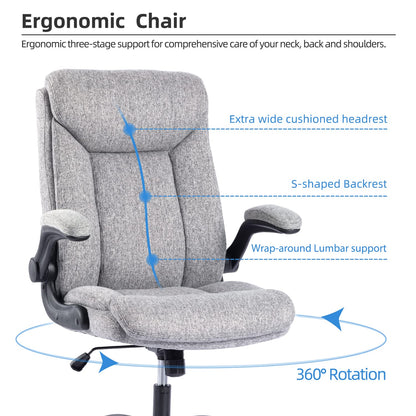 MZLEE Fabric Office Chair for Home Office, Ergonomic Heavy Duty Desk Chair with Flip-up Arms & Lumbar Support, Comfortable Padded Swivel Computer Chair for Bedroom Study, 150KG Capacity, Grey