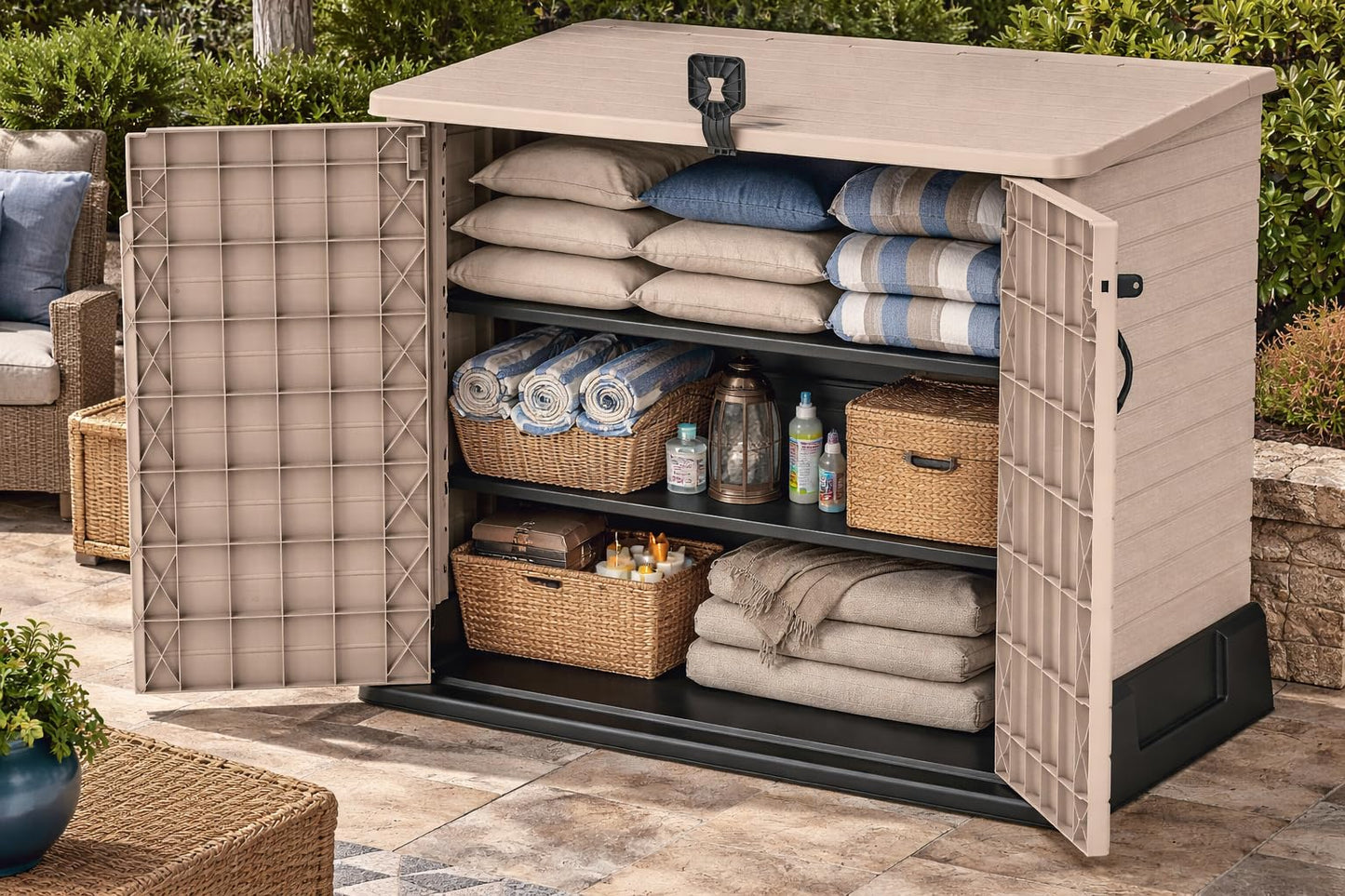 Duramax Cedargrain StoreAway 850L Plastic Garden Storage Shed - Outdoor Storage Shed, Wheelie bin box, Durable Construction, Ideal for Tools, BBQs & 2x 120L Garbage Bins, 130x74x110 cm, Warm Taupe