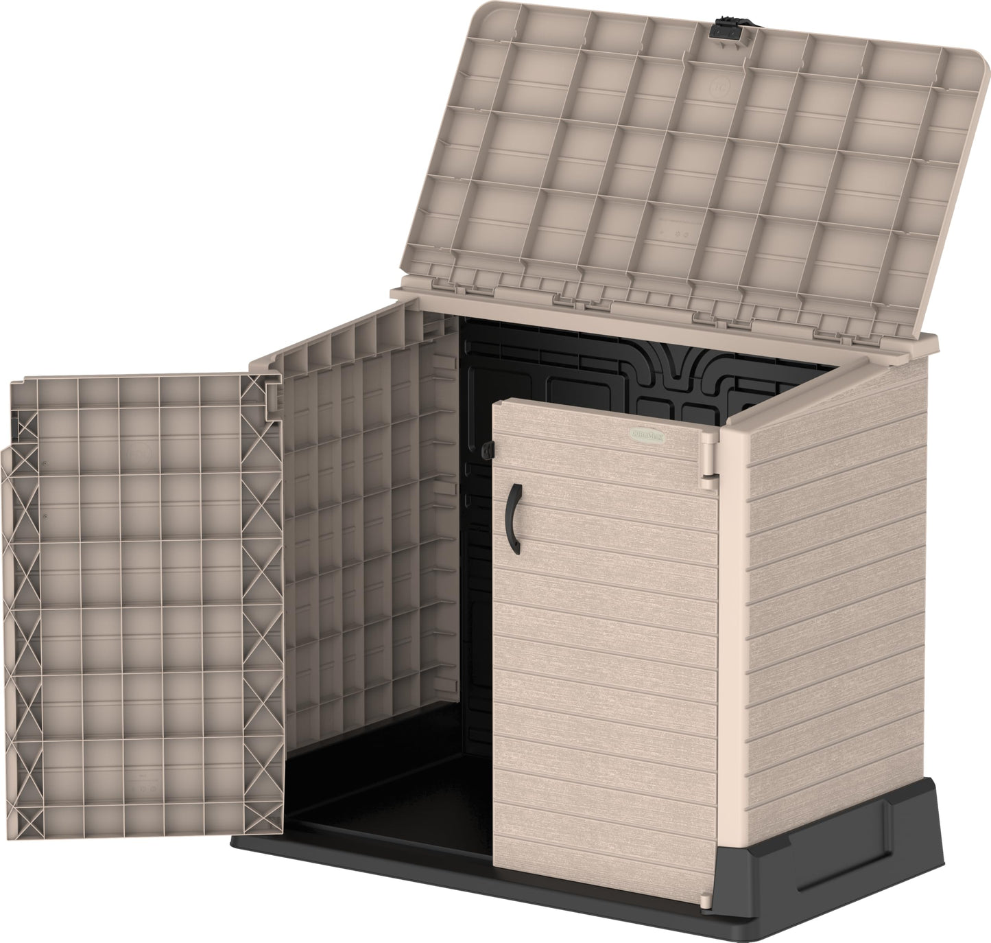 Duramax Cedargrain StoreAway 850L Plastic Garden Storage Shed - Outdoor Storage Shed, Wheelie bin box, Durable Construction, Ideal for Tools, BBQs & 2x 120L Garbage Bins, 130x74x110 cm, Warm Taupe