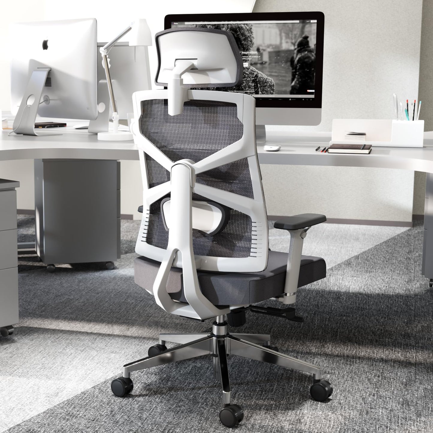 HOLLUDLE Ergonomic Office Chair with Adaptive Backrest, High Back Computer Desk Chair with 4D Armrests, Adjustable Seat Depth, Lumbar Support and 2D Headrest, Swivel Task Chair, White