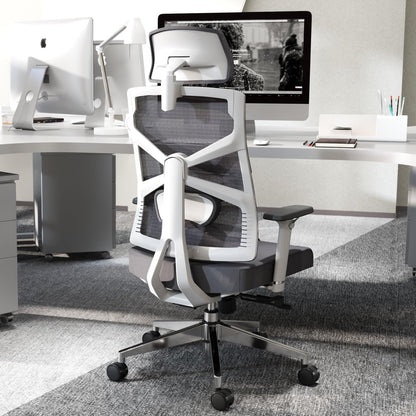 HOLLUDLE Ergonomic Office Chair with Adaptive Backrest, High Back Computer Desk Chair with 4D Armrests, Adjustable Seat Depth, Lumbar Support and 2D Headrest, Swivel Task Chair, White