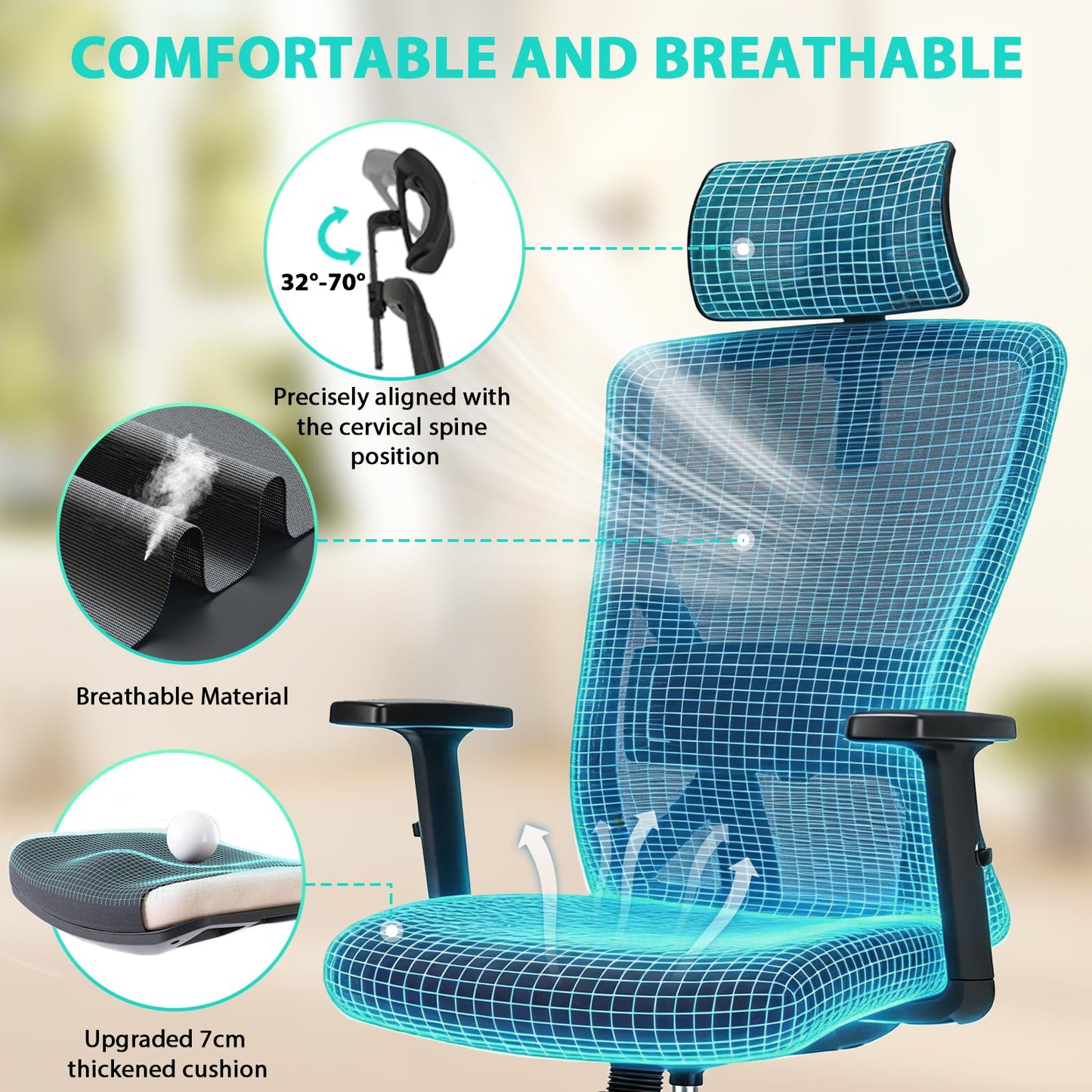 Durrafy Ergonomic Office Chair, Desk Chair with Adjustable Lumbar Headrest and Armrest, Office Chairs Support up to 150 kg, Breathable and Comfortable Mesh Swivel Chair for Home/Office, Black
