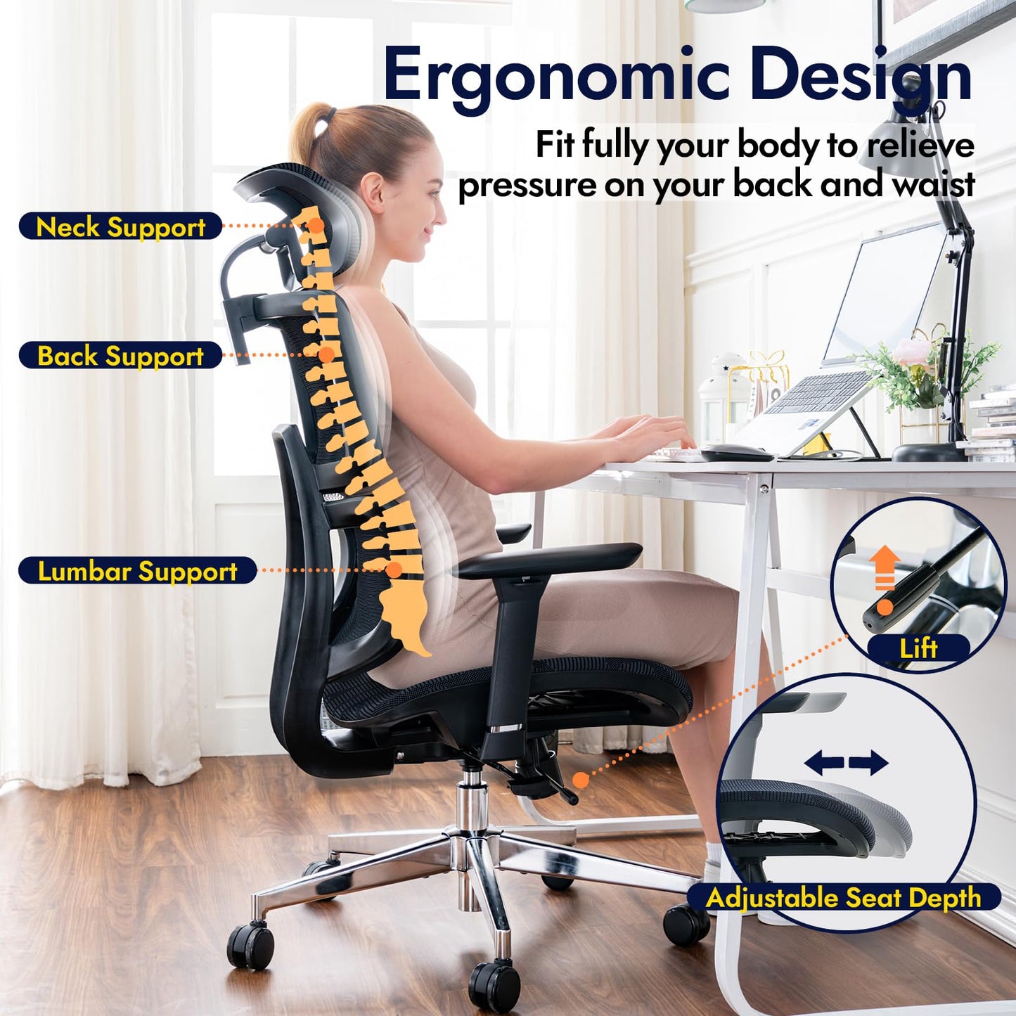 TONFARY Ergonomic Office Chair - Breathable High Back Armchair with Mesh Lumbar Support, 130° Tilt Backrest, Adjustable Seat Depth & 3D Armrest - Big and Tall, Swivel Rolling, Supports Up to 330 LBS