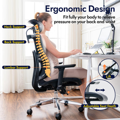 TONFARY Ergonomic Office Chair - Breathable High Back Armchair with Mesh Lumbar Support, 130° Tilt Backrest, Adjustable Seat Depth & 3D Armrest - Big and Tall, Swivel Rolling, Supports Up to 330 LBS