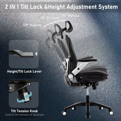 COLAMY Ergonomic Mesh Office Chair with Footrest - High Back Computer Desk Chair with Headrest, 4D Flip-up Armrests, Adjustable Tilt Lock, and Lumbar Support for Ultimate Comfort, Black