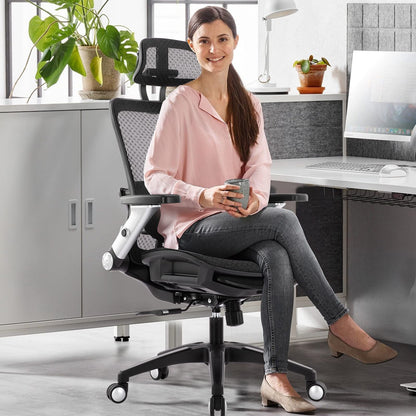 COLAMY Ergonomic Mesh Office Chair with Footrest - High Back Computer Desk Chair with Headrest, 4D Flip-up Armrests, Adjustable Tilt Lock, and Lumbar Support for Ultimate Comfort, Black