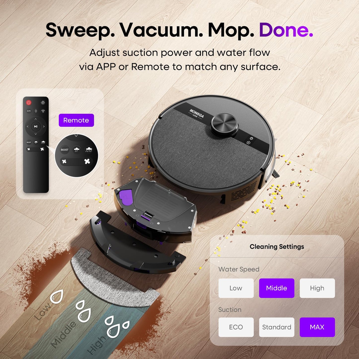 MONSGA MS1 Robot Vacuum Cleaner with Mop, 7000Pa Robotic Vacuum with Lidar Navigation, 180mins Runtime, 5 Editable Maps, APP/Remote/Voice Control, Ideal for Hard Floors and Carpets
