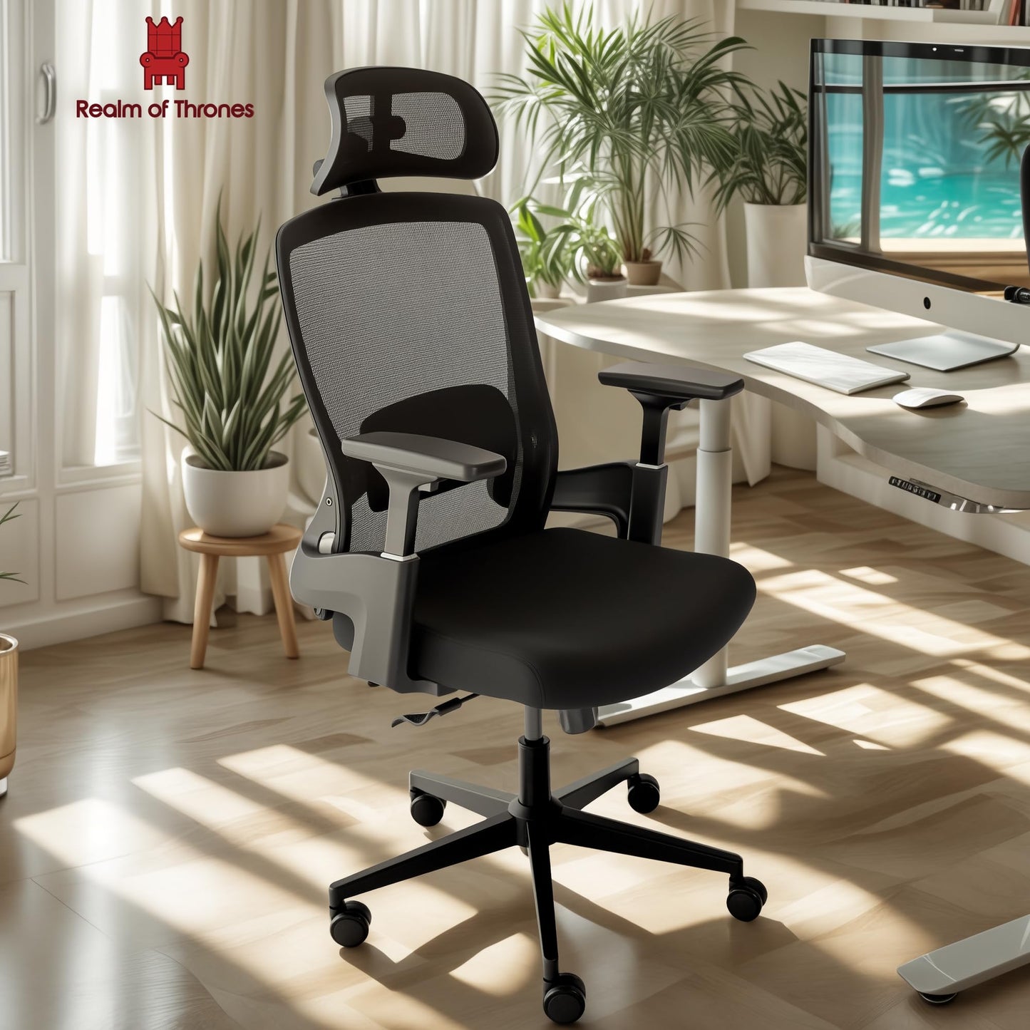 Realm of Thrones AVALON Ergonomic Office Chair for Home, Gaming Desk Chair, 3D Headrest/High Back Mesh/Comfort Cushion Seat/3D Armrests/Adjustable Lumbar Support/Heavy Duty Steel Base (Black)