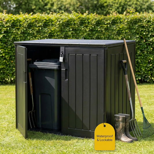 Olsen & Smith 775L Waterproof Garden Shed | Garden Storage Box with Lid | Small (2x 180L) Wheelie Bin Storage Box | Outdoor Storage Box | Small Bike Shed | Garage Storage & Tool Storage Inc. Padlock!