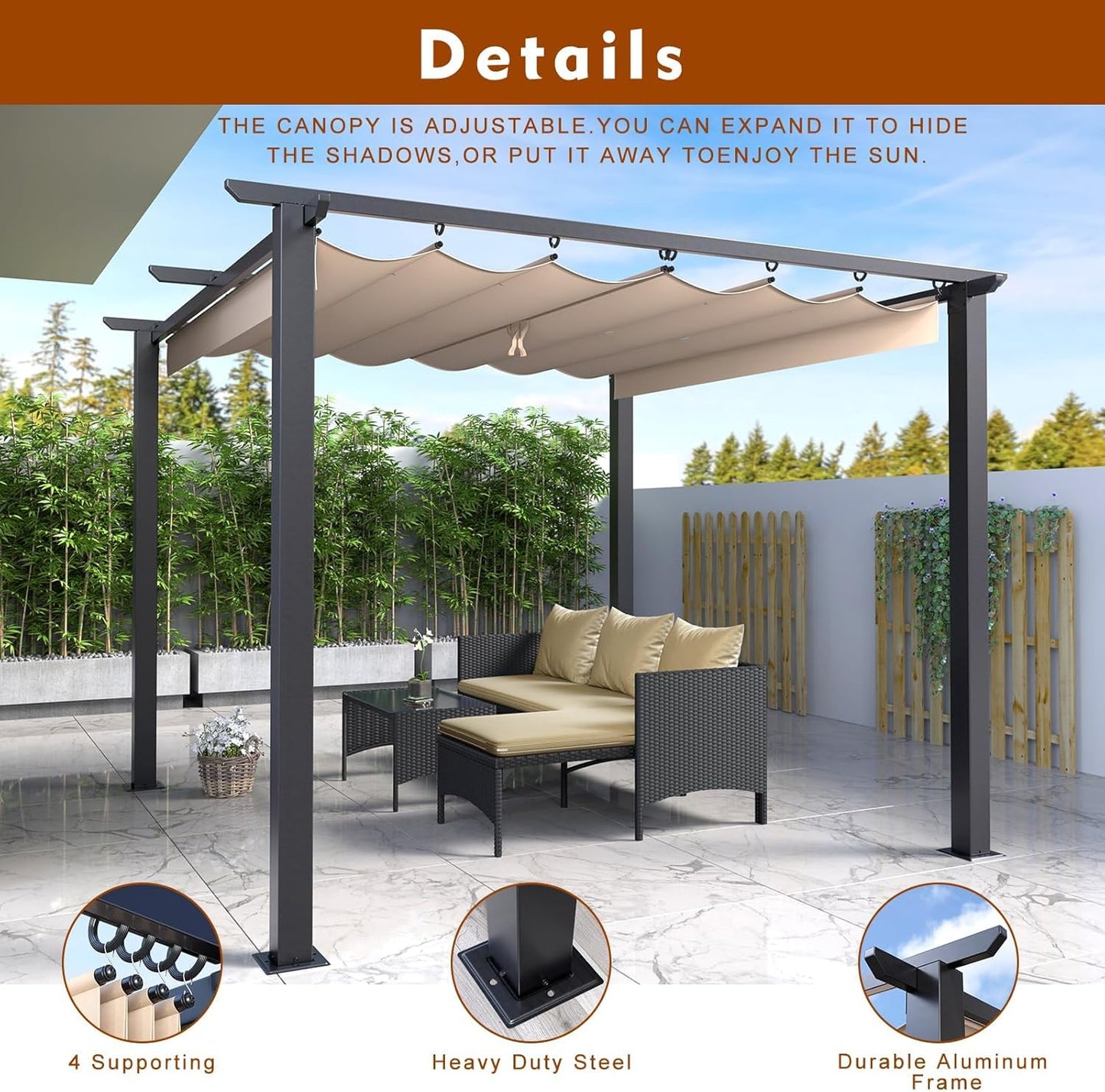 Gazebo, bigzzia Metal Pergola With Retractable Roof,Outdoor Parasol Features Water-Resistant And SPF 15 With PU Coated Canopy,Sun Shade For Garden Party Barbecue Event (Off-white, 244cmx244cm)