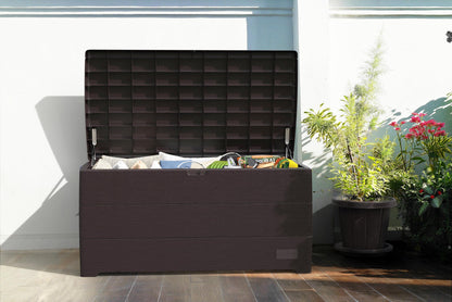 Duramax Cedargrain Durabox 416 Litre/ 110 Gallons, Outdoor Plastic Deck Box and Garden Furniture Organizer, Woodgrain Texture, Lockable Plastic Cushion Box with gas cylinder, Dark Brown