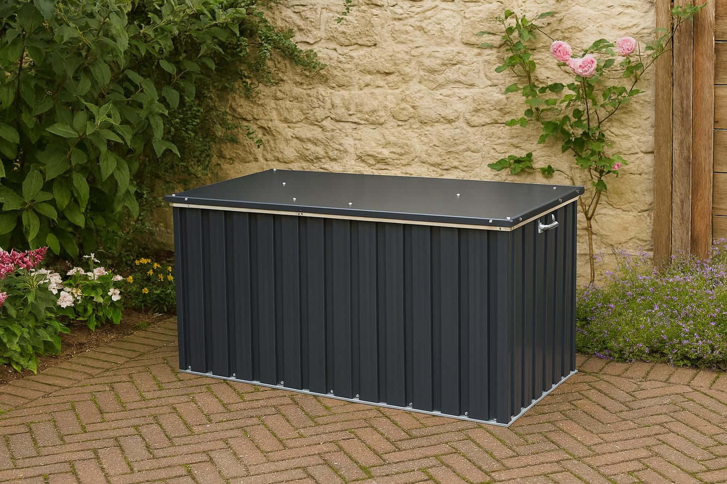Duramax DH 1.7 Metal Cushion Box (770 L) with Hydraulic Gas Cylinder & Padlock Eye, Garden Furniture Storage, Outdoor Storage Container, Weather-Resistant Furniture Patio Deck Box, Anthracite