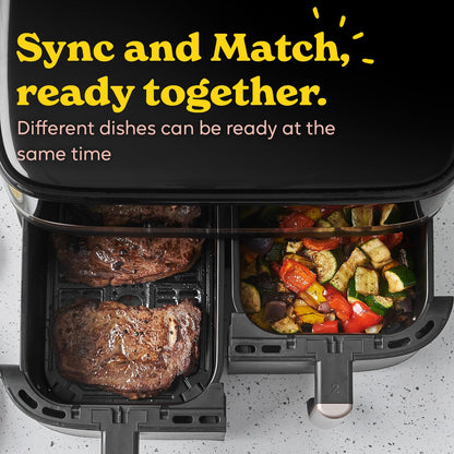 Russell Hobbs Dual Air Fryer 9L Rapid Airfryer [Dual Basket/Zone, Low-Noise, 9 Programs] satisfry (Dishwasher safe drawers, Max 200℃, Oil Free Cooking, Roast, Bake, Grill, Keep warm) 27680