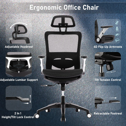 COLAMY Ergonomic Mesh Office Chair with Footrest - High Back Computer Desk Chair with Headrest, 4D Flip-up Armrests, Adjustable Tilt Lock, and Lumbar Support for Ultimate Comfort, Black