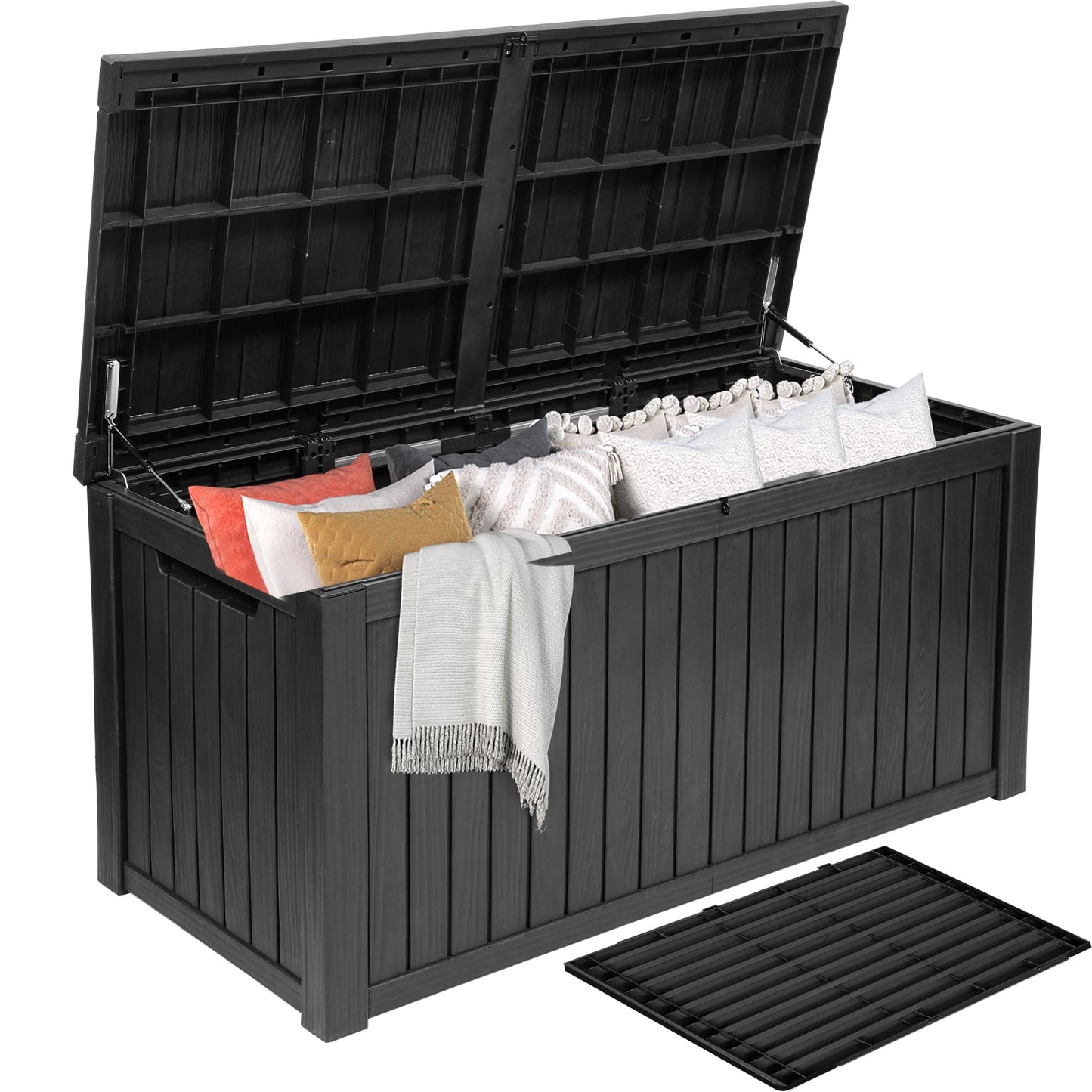 DWVO 680L Extra-Large Patio Garden Storage Box, Waterproof Resin Deck Box with Removable Divider, Outdoor Storage for Garden Furniture, Tools & Pool Accessories,Black