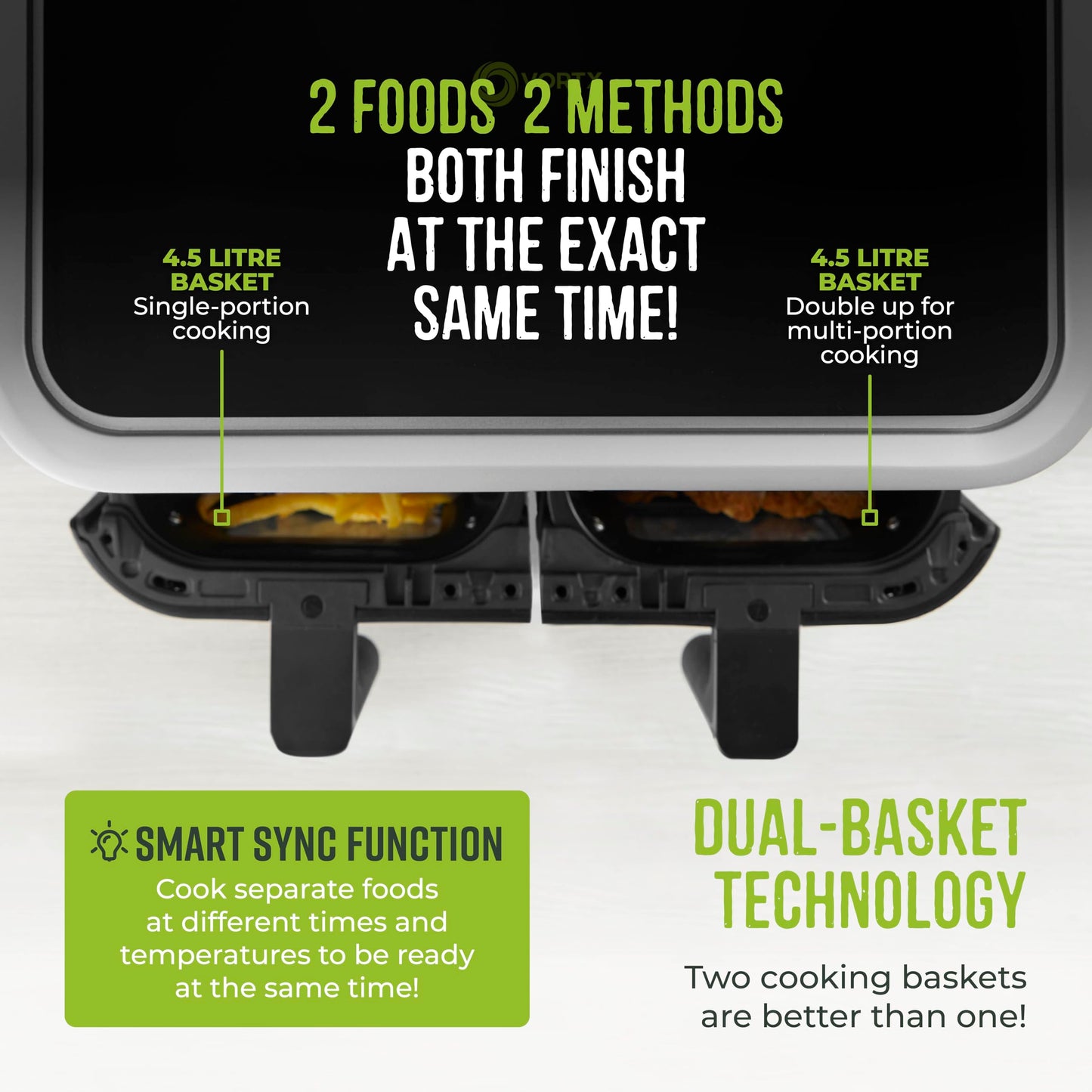 Tower Vortx Vizion 9L Dual Basket Air Fryer with Digital Control Panel, 8 Cooking Pre-sets, Sync Function & Match Cook Function, Shake Reminder, 2400W, Black, T17177