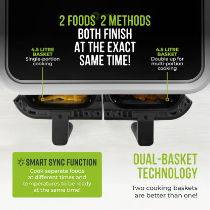 Tower Vortx Vizion 9L Dual Basket Air Fryer with Digital Control Panel, 8 Cooking Pre-sets, Sync Function & Match Cook Function, Shake Reminder, 2400W, Black, T17177