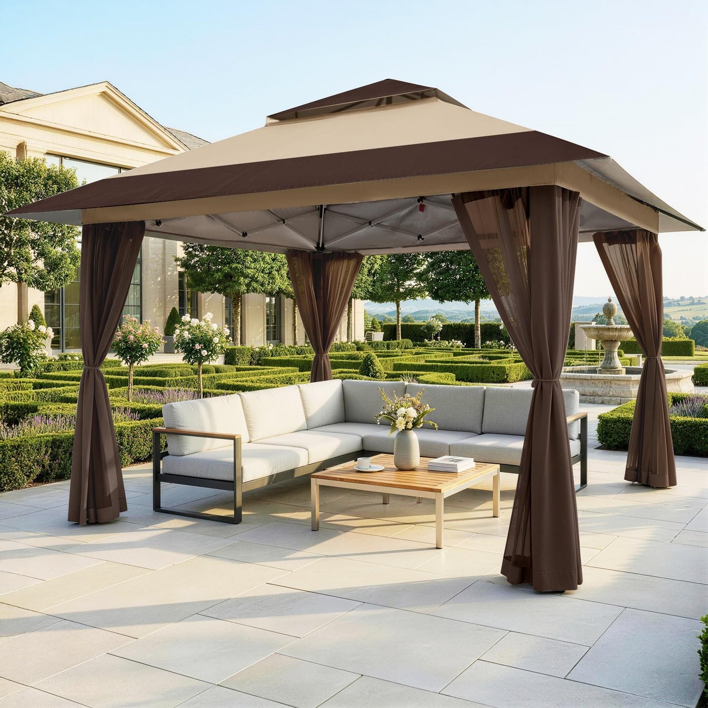 CROWN SHADES 4m x 4m Pop Up Gazebo, Double Roof Pop Up Party Tent Canopy with Zipped Mesh Sides, Height-Adjustable Garden Shelter for Patio & Outdoor Events, Includes Carry Bag