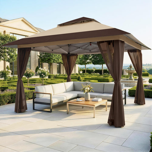 CROWN SHADES 4m x 4m Pop Up Gazebo, Double Roof Pop Up Party Tent Canopy with Zipped Mesh Sides, Height-Adjustable Garden Shelter for Patio & Outdoor Events, Includes Carry Bag