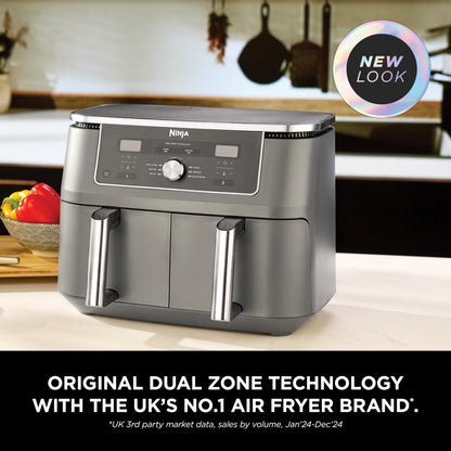 Ninja MAX Dual Zone Digital Air Fryer, 2 Drawers, 9.5L, 6-in-1, Uses No Oil, Air Fry, Max Crisp, Roast, Bake, Reheat, Dehydrate, Non-Stick, Dishwasher Safe Baskets, Gun Metal Grey DZ400UK