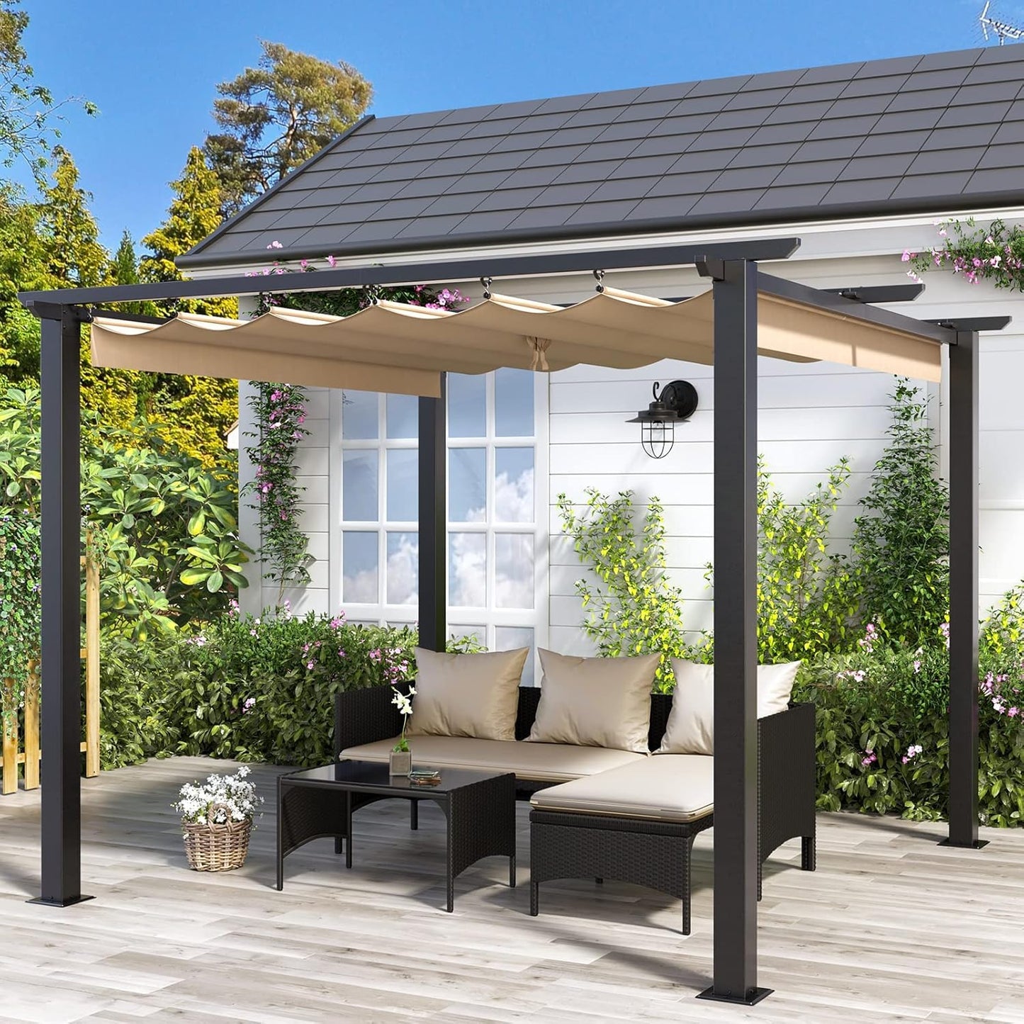 Gazebo, bigzzia Metal Pergola With Retractable Roof,Outdoor Parasol Features Water-Resistant And SPF 15 With PU Coated Canopy,Sun Shade For Garden Party Barbecue Event (Off-white, 244cmx244cm)