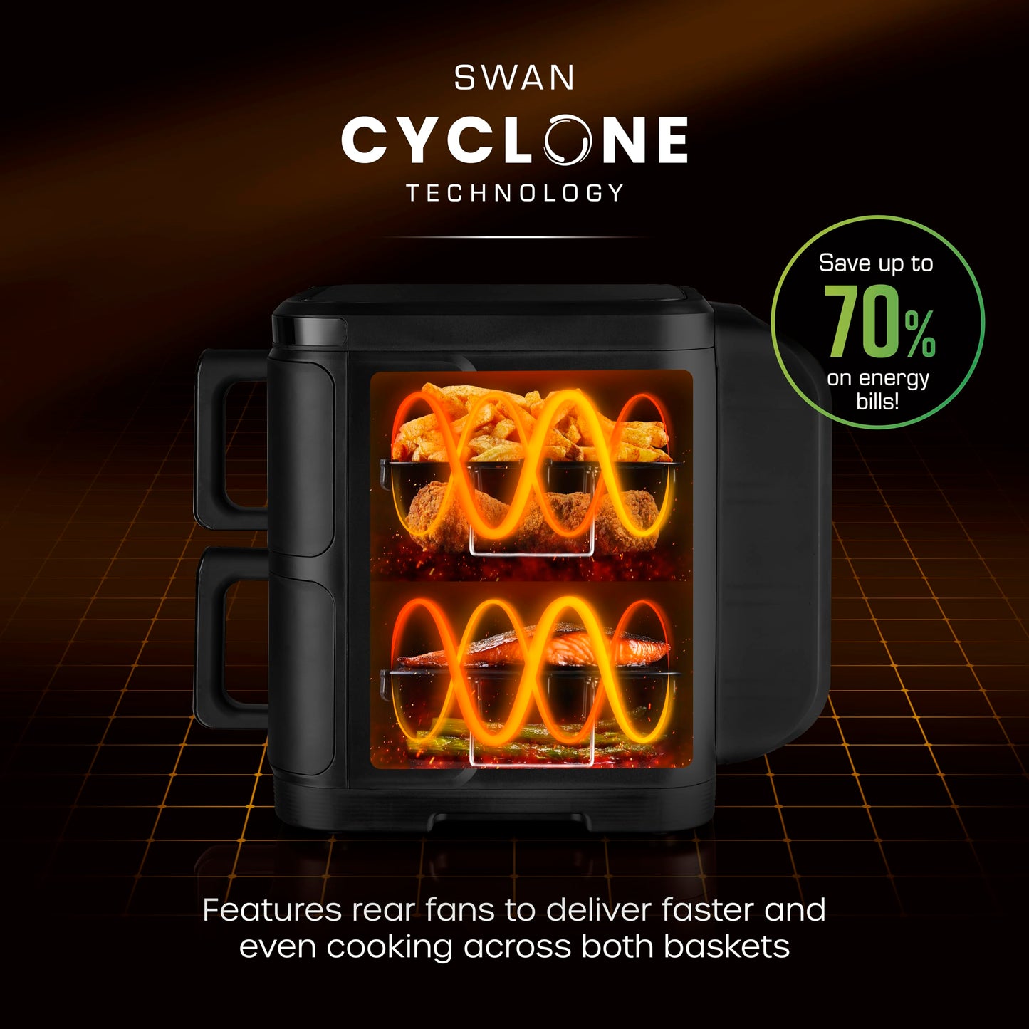Swan 11L Twin Stack Air Fryer, Swan Cyclone Technology, Two 5.5L Baskets, Space-Saving Vertical Stack Design, Foldable Digital Touch Display, Dual Cook Functions,10 Pre-Sets, 2800W Black, SD10522BLK