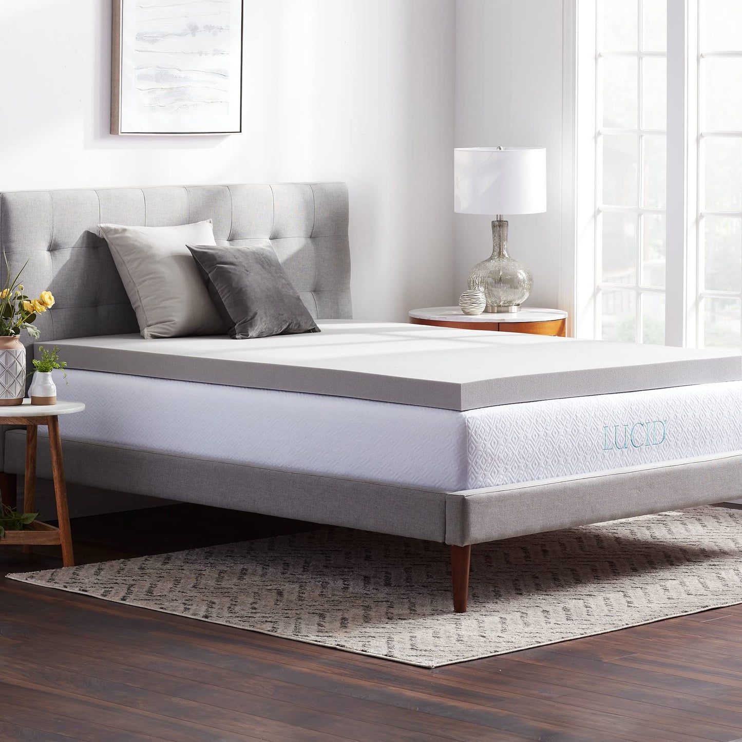 LUCID 7.5 cm Bamboo Charcoal Memory Foam Mattress Topper - Activated Charcoal - Breathable Mattress Topper, Super King (180 x 200 cm)