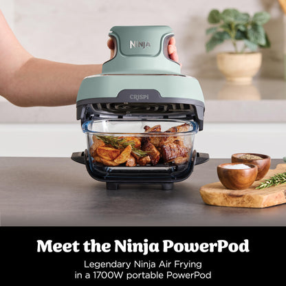 Ninja CRISPi Portable Air Fryer, 3.8L, 4-in-1: Air Fry, Roast, Keep Warm, Recrisp, Space Saving Compact Design, 2x Removable Glass Containers & Lids, 1700W, Sage FN101UKSG