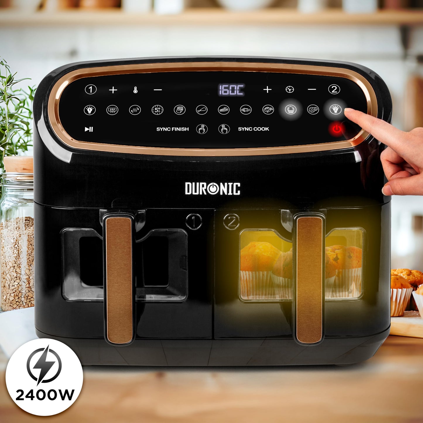 Duronic XXL Air Fryer AF34 BG 10L Digital Family Size Air Fryers Oil Free Triple Drawers 10in1 Dual Zone Extra Large AirFryer for Family Cooking with Dishwasher Safe Non-Stick Baskets Black