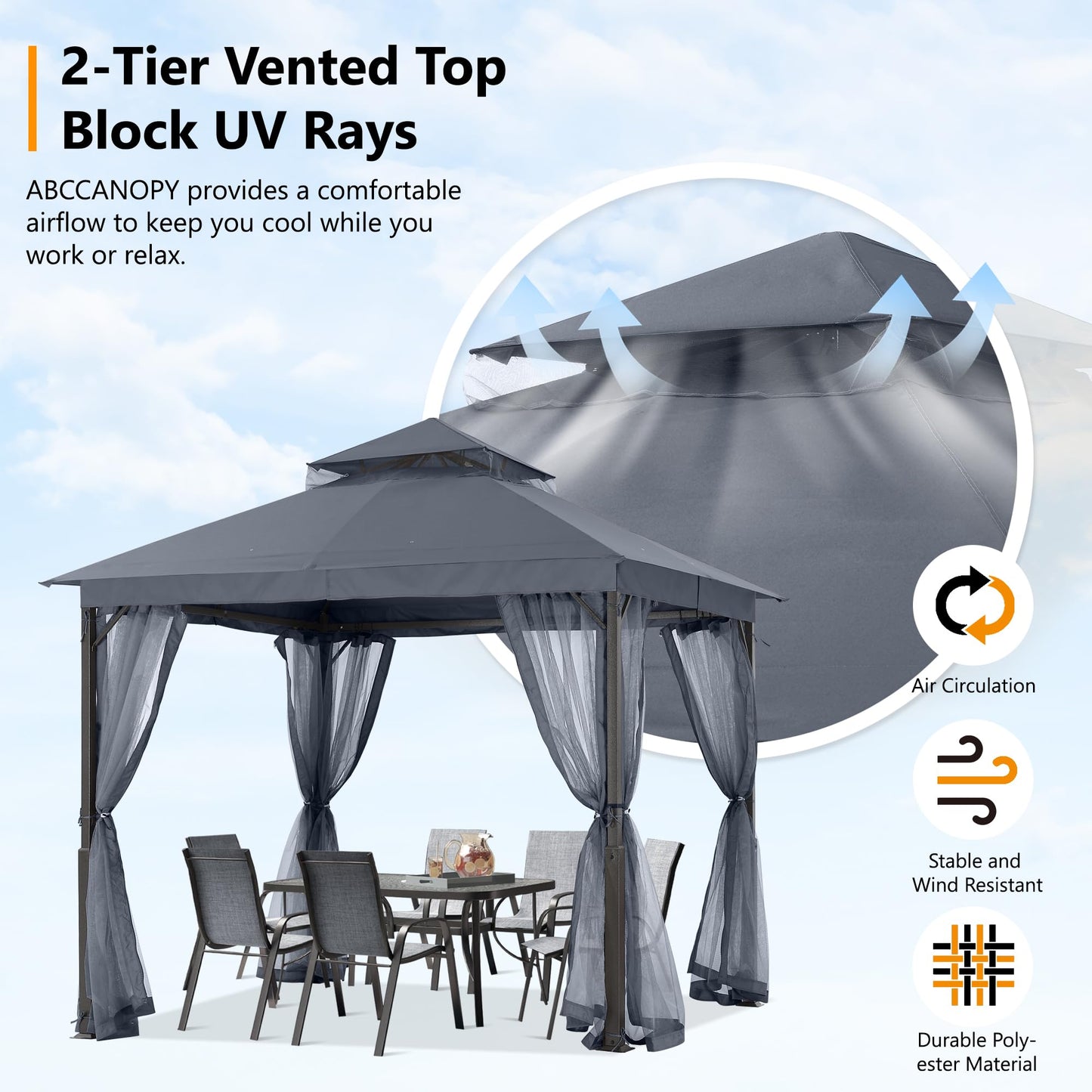 ABCCANOPY 2.5x2.5M Gazebos for Patios Double Roof Soft Canopy Garden Backyard Outdoor Gazebo for Shade and Rain (Grey)