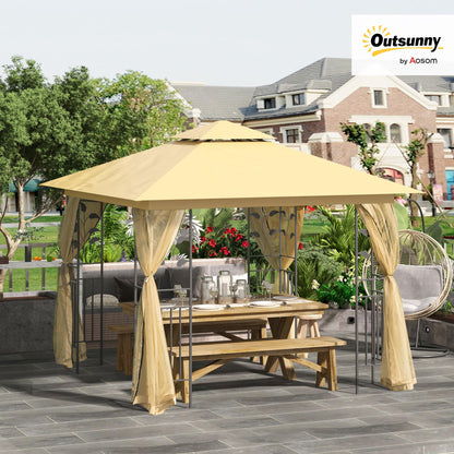 Outsunny 3(m) x 3(m) Garden Gazebo, Double Roof Outdoor Gazebo Canopy Shelter with Netting, Solid Steel Frame, for Garden, Lawn and Deck, Beige