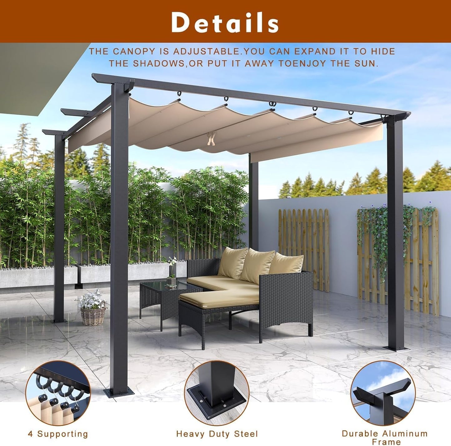 Gazebo, bigzzia Metal Pergola With Retractable Roof,Outdoor Parasol Features Water-Resistant And SPF 15 With PU Coated Canopy,Sun Shade For Garden Party Barbecue Event (Off-white, 244cmx244cm)