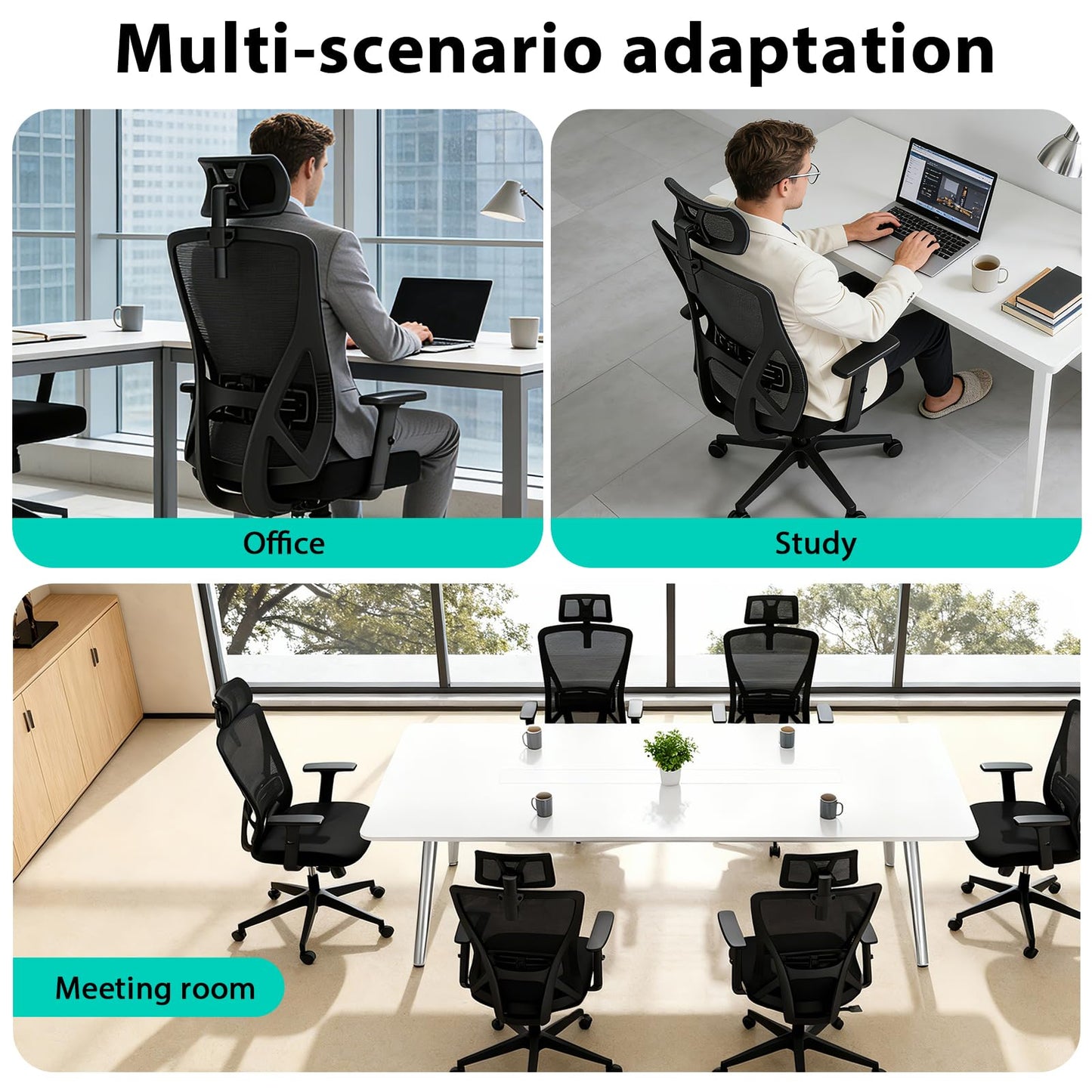 Durrafy Ergonomic Office Chair, Desk Chair with Adjustable Lumbar Headrest and Armrest, Office Chairs Support up to 150 kg, Breathable and Comfortable Mesh Swivel Chair for Home/Office, Black