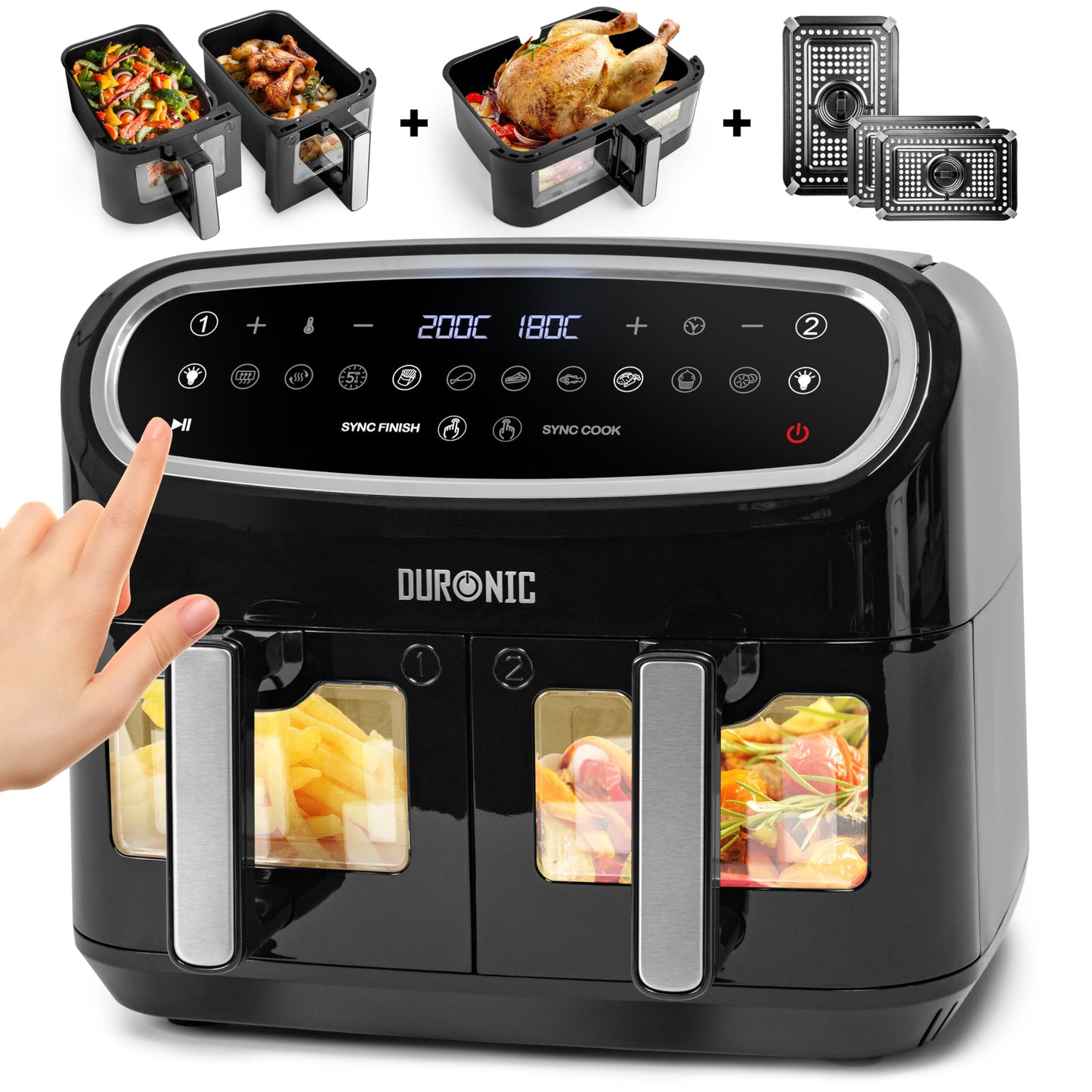 Duronic XXL Air Fryer AF34 BK 10L Digital Family Size Air Fryers Oil Free Triple Drawers 10in1 Dual Zone Extra Large AirFryer for Family Cooking with Dishwasher Safe Non-Stick Baskets Black