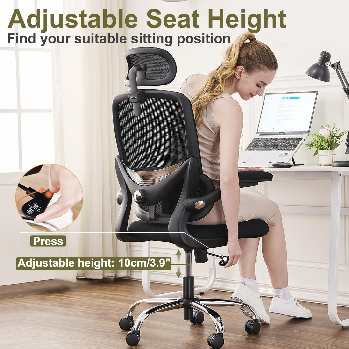 TONFARY Ergonomic Office Chair - High Back Mesh Design with Adjustable Lumbar Support, Flip-Up Armrests, Removable Headrest & 360° Swivel - Space-Saving for Home, Work, or Gaming - Black